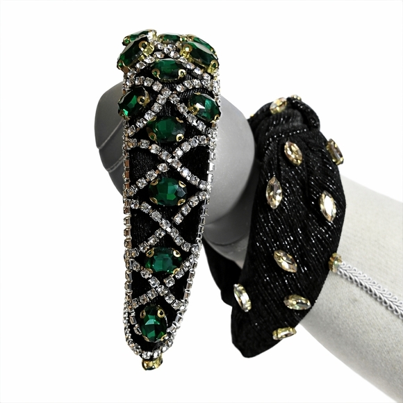 Set of 2 Jeweled Headbands Black Velvet Emerald Green Rhinestone Luxe Glam main image 12